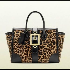 Lady Buckle Handle Jaguar Print Calf Hair Satchel